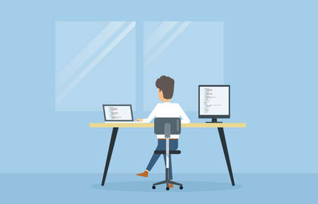 Flat vector cartoon web developer and web programming working conceptのイラスト素材