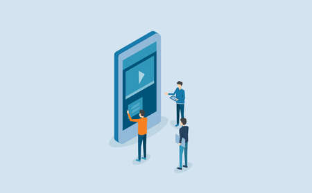mobile application design  and development process .with isometric  group business team  working and project brainstorming conceptのイラスト素材