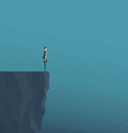 Flat vector concept businessman standing on mountain cliff, and business obstacle concept.のイラスト素材