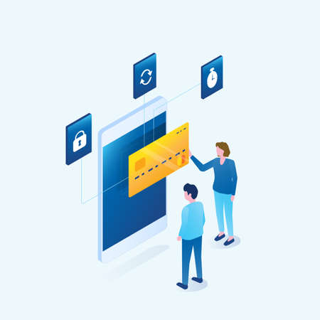 isometric business people use mobile for online payment  conceptのイラスト素材