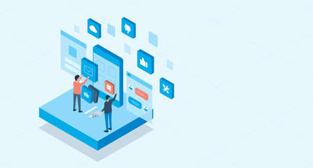 isometric mobile application and web design development process concept and group business team...