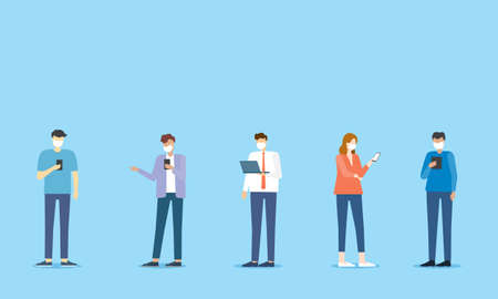 Group people wearing face mask for virus protection working and social distancing conceptのイラスト素材