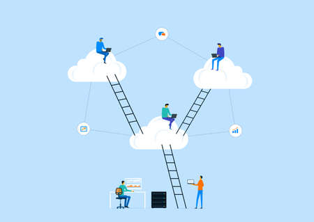 flat vector business technology server storage and cloud connection concept with people working on...