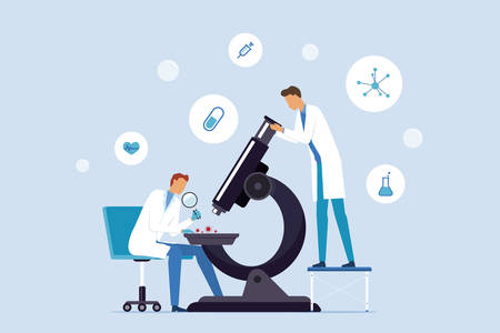 Flat illustration Medical team and scientists research in laboratory lab for virus medicine vaccine conceptのイラスト素材