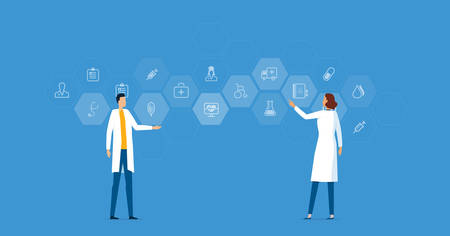 Medical team and scientists research in laboratory lab with Medical and health icons backgroundのイラスト素材