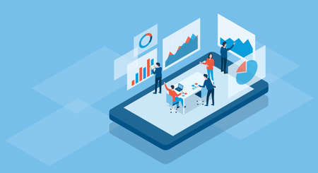 Isometric business team working online concept and business finance investment team analysis graph...