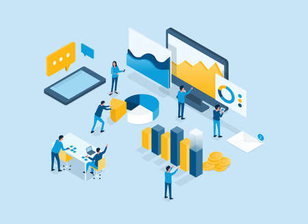Isometric business finance investment team analysis report graph on monitor dashboard concept and business team working conceptのイラスト素材