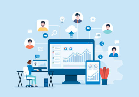 people connecting online with teleconference and video conference for meeting learning remote working and work from home concept. flat vector illustration designのイラスト素材