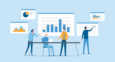 business people analytics and monitoring on financial investment report dashboard monitor concept and vector illustration design for business team meeting working conceptのイラスト素材