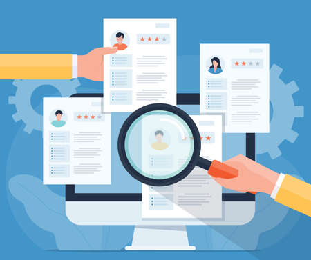 flat illustration business team research people Profile for job hiring and online interview with video conference meeting conceptのイラスト素材