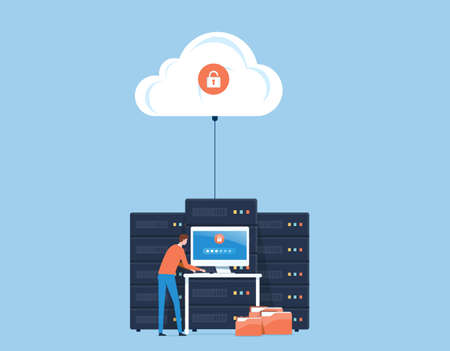 flat vector business technology cloud storage and cloud server service concept with administrator and developer working on workstation conceptのイラスト素材