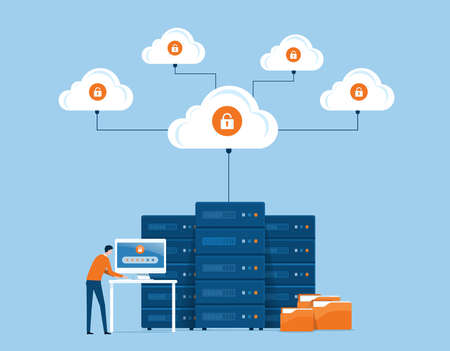 flat vector business technology cloud storage and cloud server service concept with administrator and developer working on workstation conceptのイラスト素材