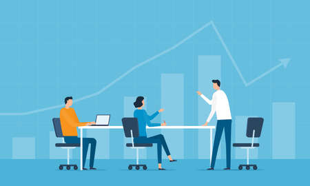 Flat business people analytics and monitoring investment and finance report graph on monitor concept. Business marketing planning.のイラスト素材