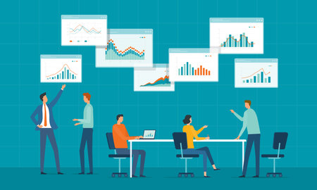 Flat business people analytics and monitoring investment and finance report graph on monitor concept. Business marketing planning.のイラスト素材