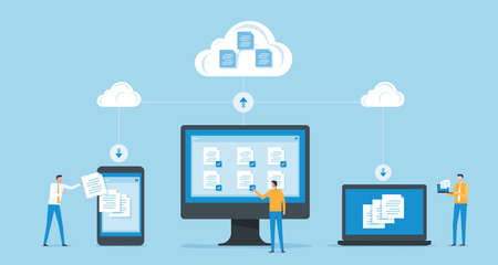 flat vector business technology document management system storage backup concept and cloud server service with administrator and developer team working conceptのイラスト素材