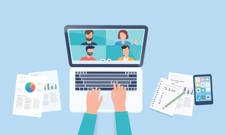 vector  business smart working with online video conference meeting concept and business team  working from anywhere with internet wireless technologyのイラスト素材