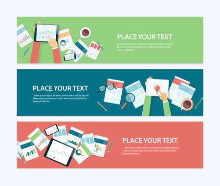 Set of horizontal web banner design templates. business finance investment planning with device technology concept. and working with a report online document.のイラスト素材