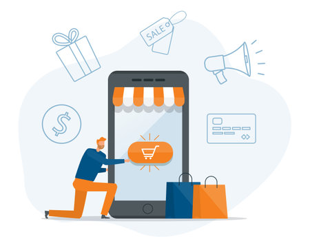 flat business online shopping and online payment concept. smartphone application technology. vector illustration cartoon character design. people team working.のイラスト素材