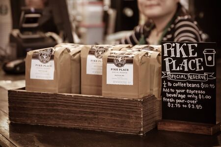 Seattle, USA - 19 May, 2017 : The Pike Place Starbucks store ( Original Starbucks ) , It is the first Starbucks store established in 1971 at Pike Place Market in downtown Seattle, Washington, USAのeditorial素材