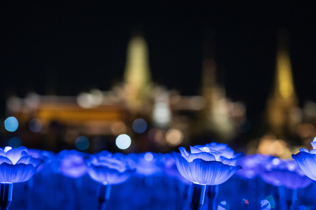 BANGKOK, THAILAND - May 26, 2019 : Sanam Luang with light decorative to celebrate the Coronation of King Rama X (the 10th reign of Thailand). Colourful illumination on flowers with Grand Palace viewのeditorial素材