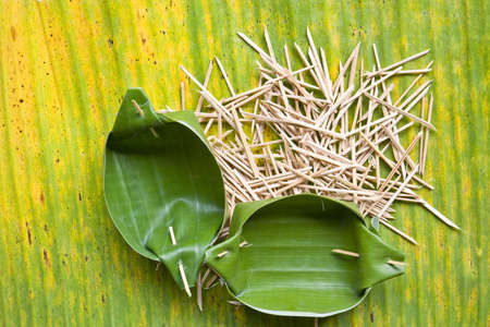 Food containers that are made from banana leaf wood skewer sharpの写真素材