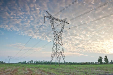 High voltage power pole stands in the middle of the field, with the evening の写真素材