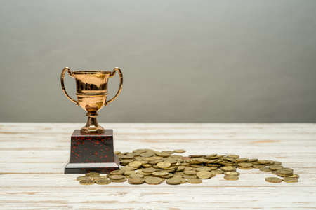 Golden Trophy on bed of coins.Successful financial plan concept.の写真素材