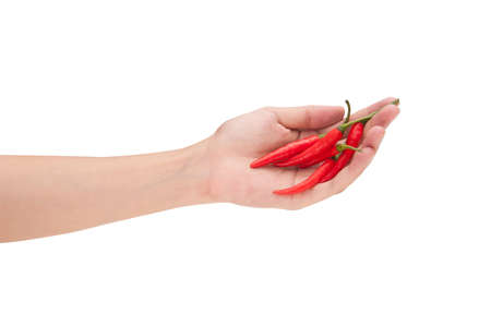 Close up shot of woman's hand holding red chili isolated over white background.