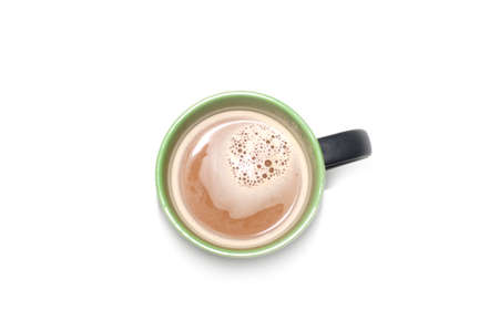 Coffee with milk or white coffee in green coffee mug isolated over white background.View from top.の写真素材