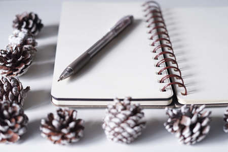 Notebook,pen and pinecones on white office table.Top view with copy space.Flat Lay.の写真素材
