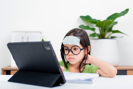 sick little girl, schoolgirl 
uses laptop to study at home. child is bored to learn and gain knowledge remotely. student wants to go to school. digital concept e-learning. Remote.の写真素材