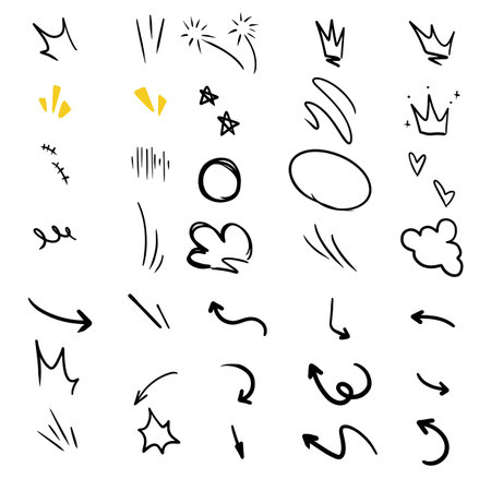 Vector set of hand-drawn cute cartoony expression sign doodle line strokeemoticon effects design elements, cartoon character emotion symbols,のイラスト素材