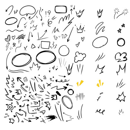 Vector set of hand-drawn cute cartoony expression sign doodle line strokeemoticon effects design elements, cartoon character emotion symbols,のイラスト素材