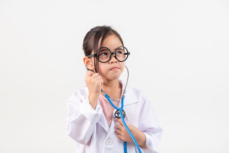 Asia little girl playing doctor isolated on whiteの写真素材