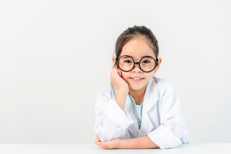 smart doctor Little Girl with white medical coatの写真素材