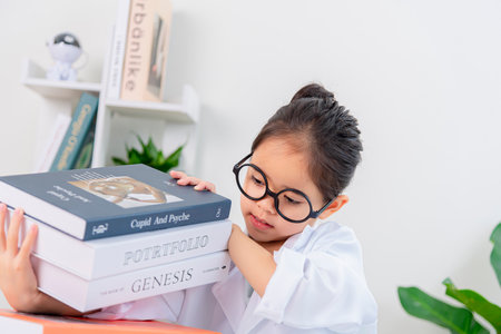 Cute Asia little Girl reading book for researchの写真素材