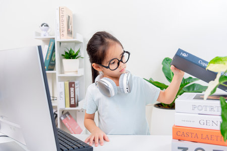 Asia A little Kid studying with video online lesson at home.の写真素材