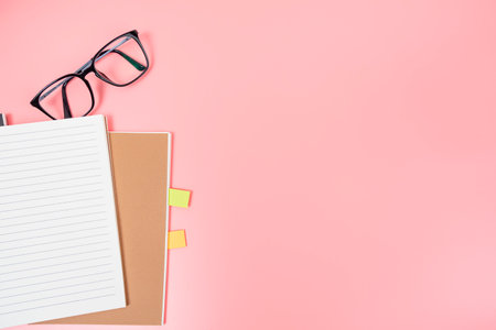 Styled stock photography Pink office desk table Top view with copy space. Flat lay.