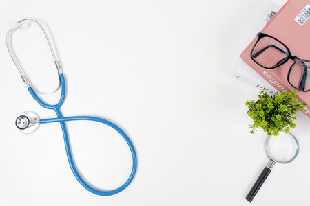 Styled stock photography white office desk table Top view with copy space. Flat lay.の写真素材