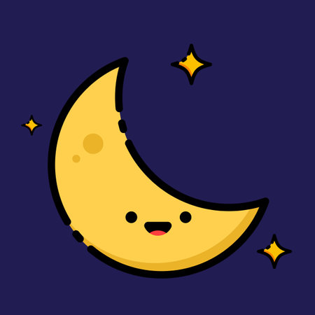 Cute cartoon moon on dark blue background. Vector illustration in flat style.のイラスト素材