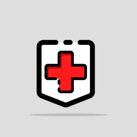 Medical shield with cross icon in flat design style. Vector illustration.のイラスト素材
