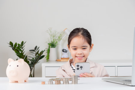little girl wearing a cream suit analyzing coins concept of finance and investment in white roomの写真素材