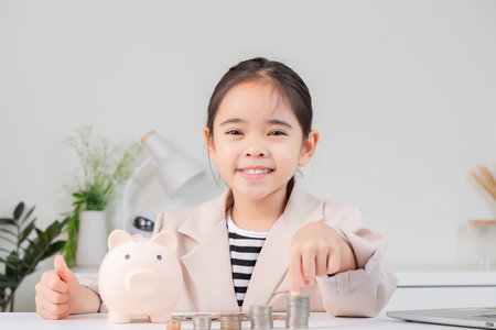 little girl wearing a cream suit analyzing coins concept of finance and investment in white roomの写真素材