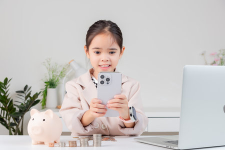 little girl wearing a cream suit analyzing coins concept of finance and investment in white roomの写真素材