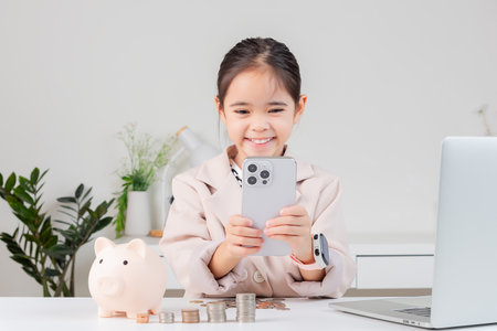 little girl wearing a cream suit analyzing coins concept of finance and investment in white roomの写真素材