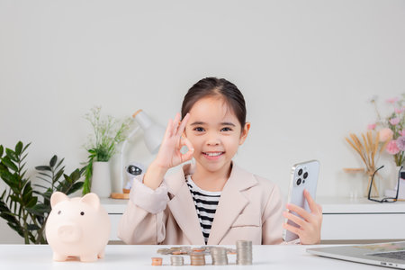 little girl wearing a cream suit analyzing coins concept of finance and investment in white roomの写真素材