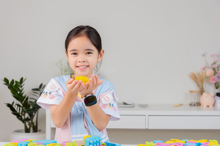 little girl wearing a bright shirt is happy Playing colorful block puzzles. in the white roomの写真素材