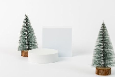 A white box is placed in front of two green pine trees. The box is empty, and the trees are covered in snow. Concept of winter and the beauty of natureの写真素材