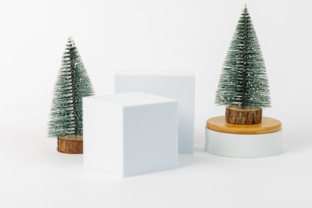 A white cube and two green trees are on a white background. The cube is empty and the trees are fake. The scene is meant to evoke a sense of winter and the holiday seasonの写真素材