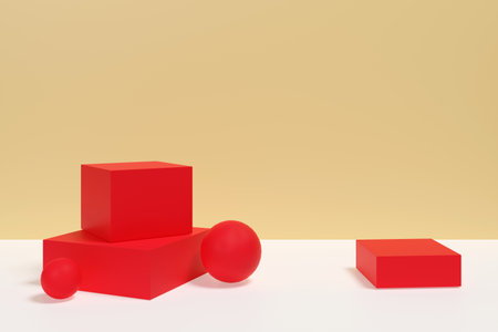 A red cube and three red balls are on a white table. The cube is on top of the other two cubes, and the balls are scattered around them. The scene is simple and minimalisticの写真素材